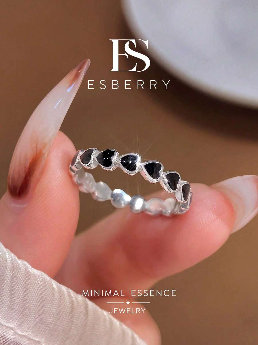 ESBERRY 1pc S Size Colorful Cute Heart Adjustable Ring, Delicate Jewelry, Women/Girls Daily Wear Gift - Black - View 1