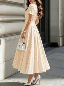 DONICY Women's Beige Polka Dot Lapel Short Sleeve Belted Mid-Length Dress, Elegant For Office And Casual Daily Wear - Apricot - View 2