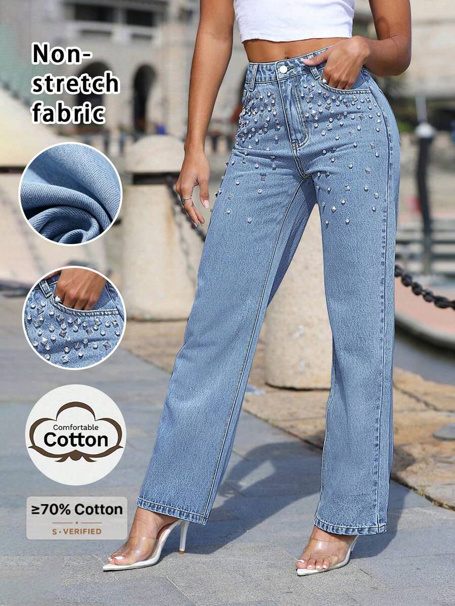 Fashionable Light-Washed Straight-Leg Jeans, Decorated With Rhinestones, Buttons And Pocket Details, Non-Stretch Casual Pants Spring Fall - Medium Wash - View 1