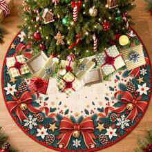 1pc Large Red Bow & Bell Pattern Christmas Tree Skirt, Elegant Color Holiday Decoration, 5 Sizes, Unisex Holiday Gift, Suitable For Home And Party Christmas Decor - Red Bow Bell - View 2