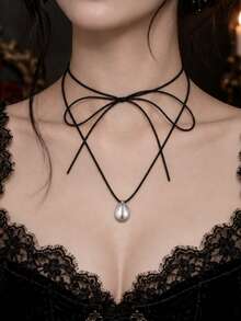 1pc Gothic Style Stainless Steel Heart-Shaped Black Rope Necklace, Gold Color, Women's Daily Gift, Halloween - Silver - View 2