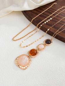 Old Money Style Chinese Ink Wash Brown Hollow Resin Pendant Necklace, Women's Vintage Luxury High-End Sweater Chain Neck Accessory - Multicolor - View 3