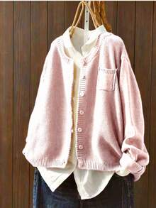 Plus Size Women's Round Neck Front Button Knit Cardigan, Long Sleeve Drop Shoulder Loose Sweater, With Pockets, Autumn/Winter Casual Outerwear - Baby Pink - View 1