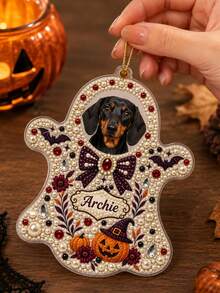 Custom Photo & Text DIY 3D Pearl Painting Hanging Decor Diamond Art, Personalized Halloween Ghost Pumpkin Bat Bow Design, Spooky Home Tree Ornament Keepsake, Halloween Birthday Gift For Pet Lovers Family And Friends - Multicolor - View 5