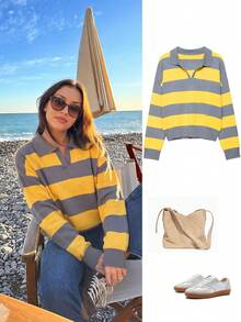 ACKCER Women's Spring/Autumn/Spring/Summer Sweet Fashion Loose Polo Collar Striped Long Sleeve Casual Knit Sweater - Yellow Gray - View 1