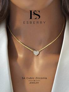 ESBERRY 1件亮面心形鋯石吊墜項鍊，珠寶，優雅女性禮物，適合日常配戴 - 滿鑽愛心項鍊 - 查看 2