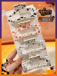 4pcs Halloween Ghost Pumpkin Spider Print Square Hair Claw Clips Party Atmosphere Festival Hair Accessories - Multicolor - View 1