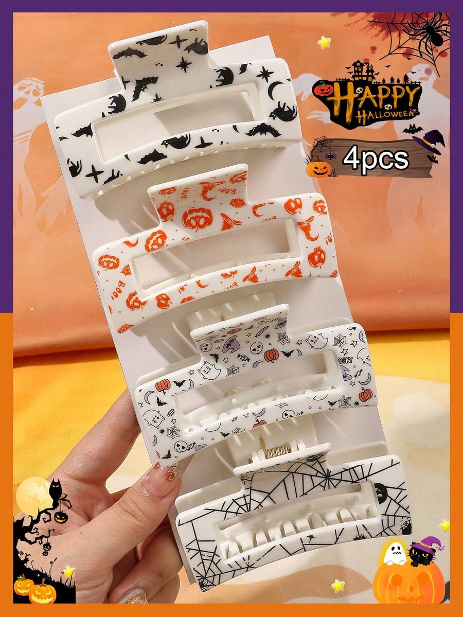 4pcs Halloween Ghost Pumpkin Spider Print Square Hair Claw Clips Party Atmosphere Festival Hair Accessories - Multicolor - View 1