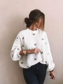 Women's Plus Size Heart Pattern Round Neck Drop Shoulder Long Sleeve Casual Sweater - White - View 8