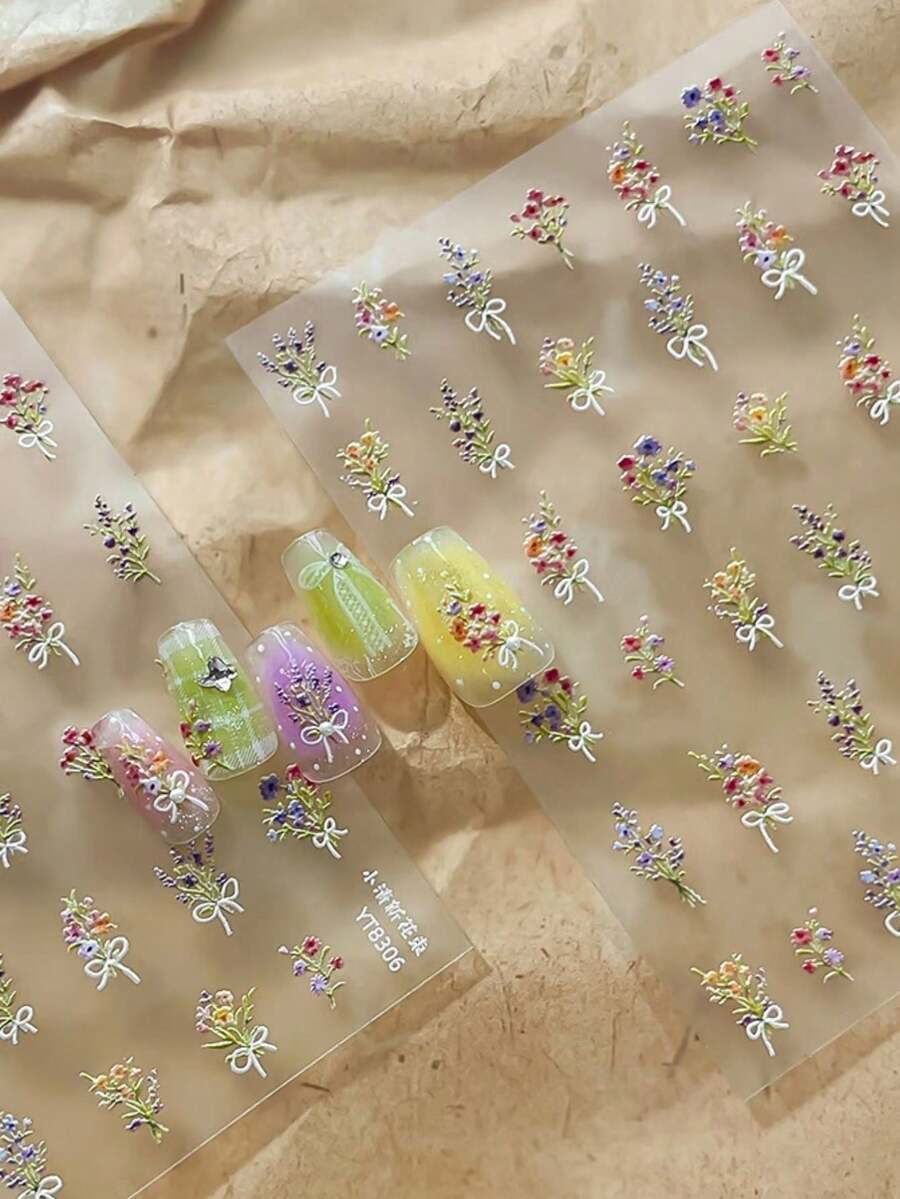 1片/2片 秋季聖誕3D迷你花束蝴蝶結美甲貼紙,秋冬聖誕氛圍主題,彩色花束,Y2K精緻美觀百搭美甲裝飾配件,指甲DIY裝飾 - 彩色 - 查看 1