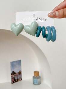 1 Set Of 3 Pairs New Fashion Commuter Elegant Heart-Shaped Stud Earrings, Blue Transparent AB Colorful Hoop Earrings Set - Multicolor - View 4