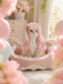1pc Pet Cat & Dog Wig, Pink Bangs Long Hair Accessory, Suitable For Cats & Dogs, Perfect For Funny Pet Photos, Halloween & Christmas Theme Parties, Birthday Parties And Daily Fashion Cosplay Looks - Pink - View 6