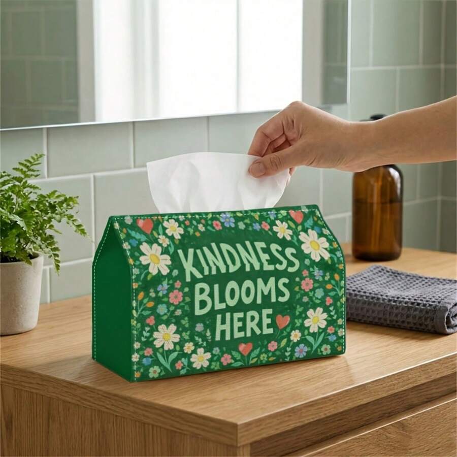 2D Flat Design, 1pc Tissue Box, Playful Floral Art - Minimalist Design, Letter & Flower Green & White Cheerful Pattern, Suitable For Office Desk, Elegant Home & Car Interior Decoration, Easy To Refill Tissue Storage Box
