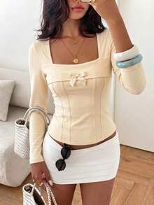 Women's Square Neck Long Sleeve Casual Top Spring/Autumn/Winter Women's Clothing Set - Apricot - View 8