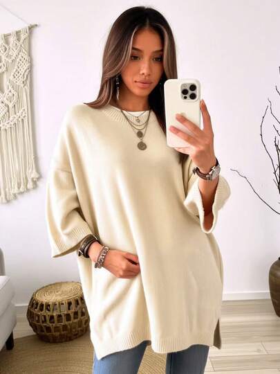 Plus Size Women's Loose Fit Minimalist Casual Everyday Style Autumn/Winter European & American Commuter Solid Color Crew Neck 3/4 Sleeve Split Hem Pullover Sweater