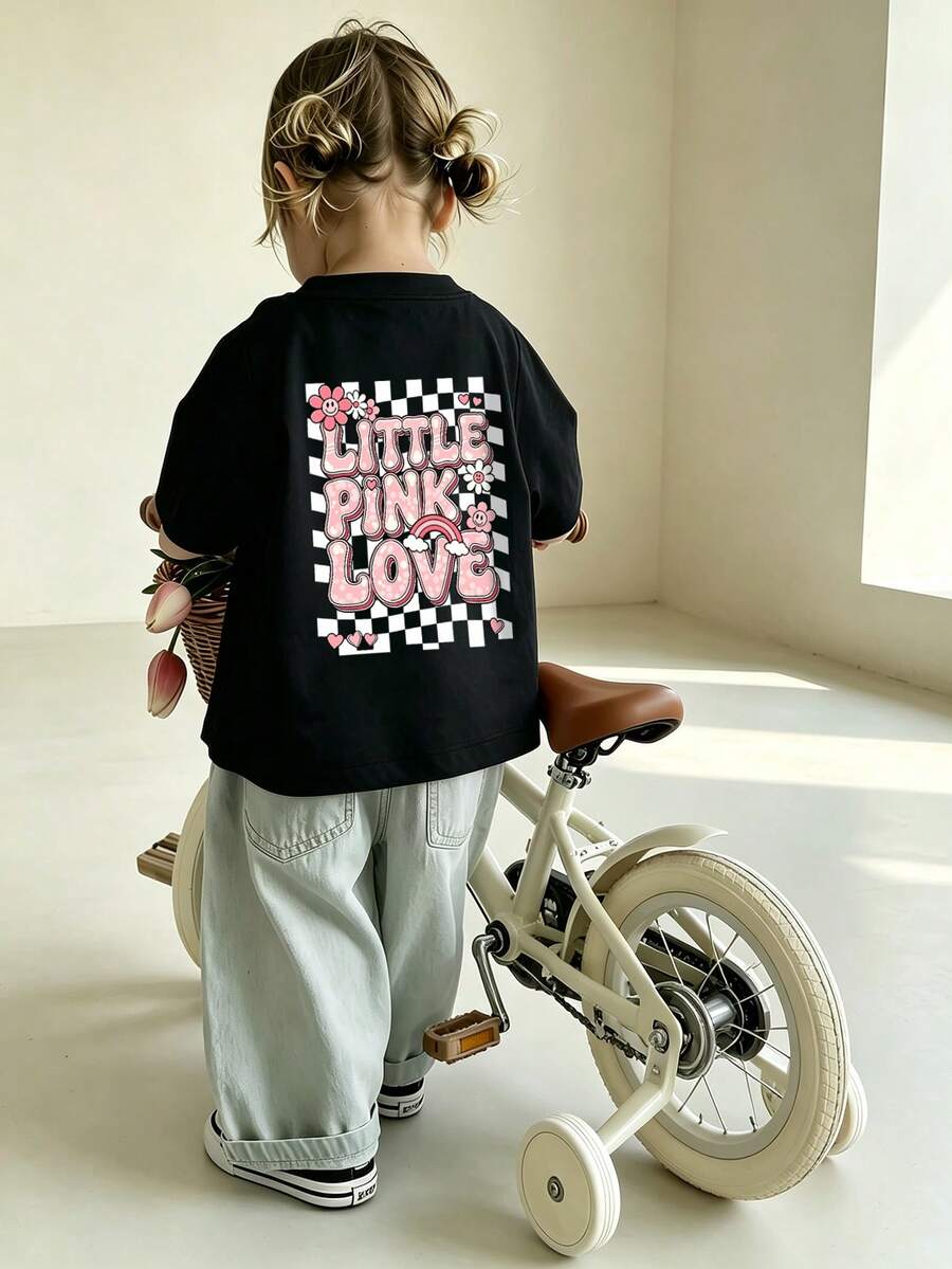 女婴简约格子涂鸦字母印花圆领短袖可爱上衣 - 黑色 - 查看 1