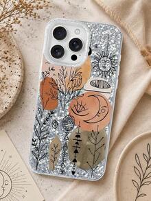 Ins Artistic Style Phone Case - Autumn Terry Tone Color Blocks With Hand Drawn Plants And Totem Sun/Moon - Suitable For Daily Use/Gifts - Bright Silver Fragment Style - Unique Design, Compatible With IPhone 18/17/16/15/14/13 Pro Max And More Models - Multicolor - View 1