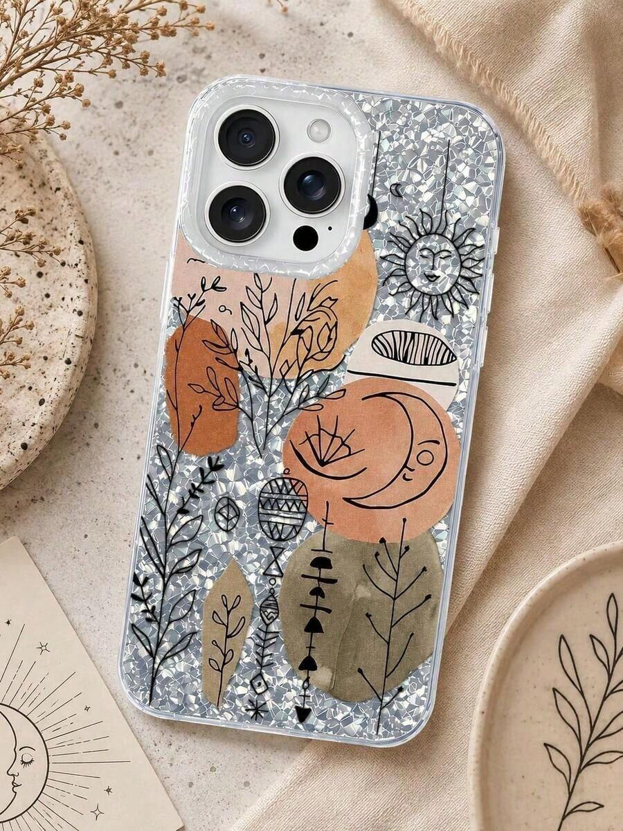 Ins Artistic Style Phone Case - Autumn Terry Tone Color Blocks With Hand Drawn Plants And Totem Sun/Moon - Suitable For Daily Use/Gifts - Bright Silver Fragment Style - Unique Design, Compatible With IPhone 18/17/16/15/14/13 Pro Max And More Models - Multicolor - View 1
