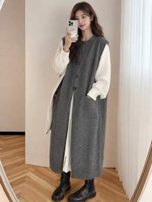Alicedudu Women's Designer Inspired Long Cardigan Sweater Vest, Autumn/Winter - Grey - View 1
