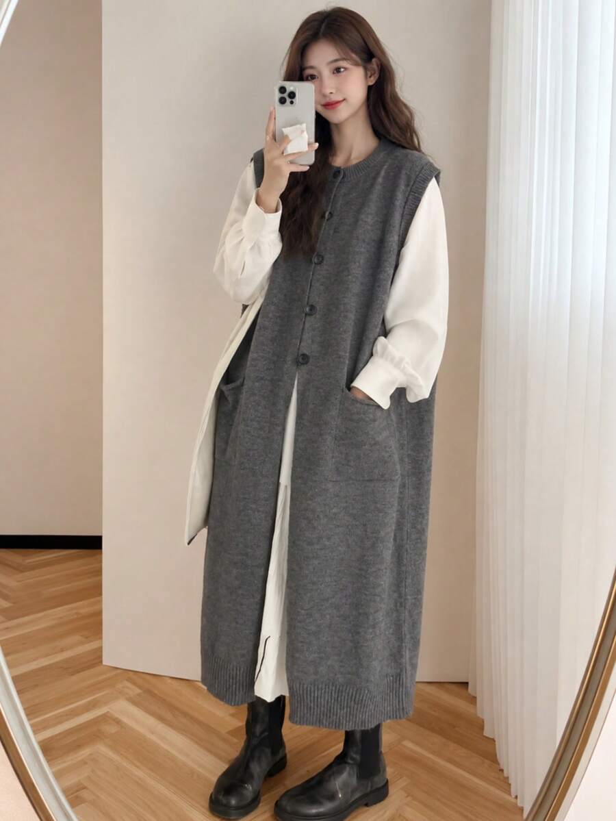 Alicedudu Women's Designer Inspired Long Cardigan Sweater Vest, Autumn/Winter - Grey - View 1