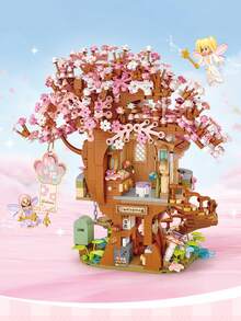 Cherry Blossom Tree House Building Block Gift, High Difficulty Assembly Building Bricks, DIY Construction Block Model, Creative Collectible Decor For Desktop Display, Holiday & Birthday Present - Multicolor - View 3