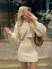 Cream White Ribbed Knit 2 Pieces Set, Cropped Drop Shoulder Long Sleeve Cover Up, High Elastic Slim Fit Tank Top And Mini Skirt Knit Set - Apricot - View 2