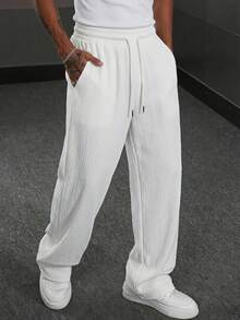 Men's Knit Textured Pleated Casual Pants, Elastic Waist With Drawstring, Straight Leg, Loose Fit, Draped Slimming Wide Leg Pants, Daily Commute Streetwear Versatile Casual Sports Long Pants - White - View 5
