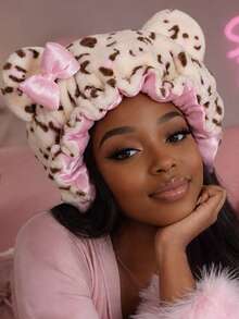 Women Leopard Print Plush Satin Teddy Bonnet-Elastic With Bow, Cute Ear Design Night Hair Wrap For Hair Protection - A - View 7