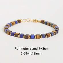 1PC Natural Lapis Lazuli And Tiger Eye Stone Square Bead Bracelet, Retro Luxury Wrist Accessory, Unisex, Suitable For Parties And Birthday Gifts. - Multicolor - View 2