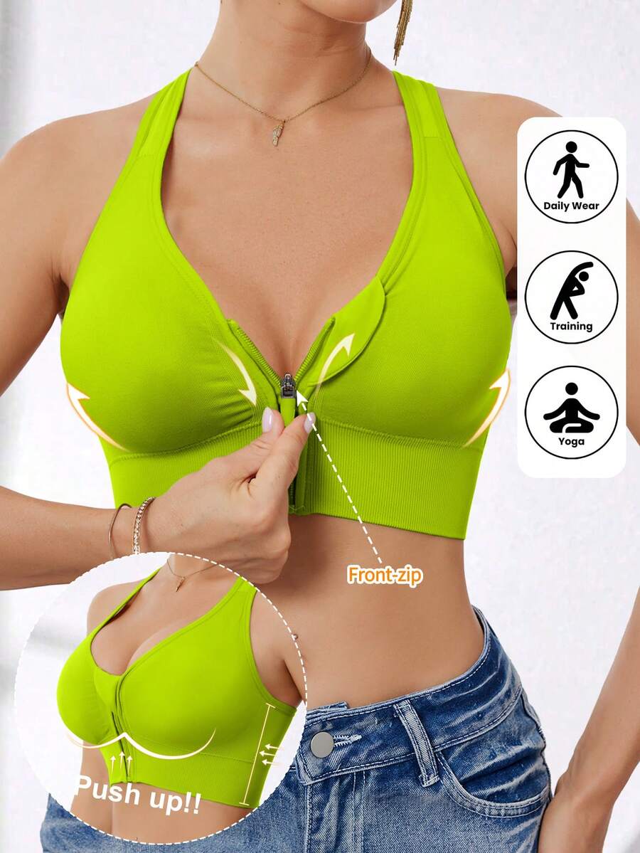 Sujetador deportivo sin costuras y con cremallera frontal de alta intensidad para mujer, adecuado para primavera, verano, otoño e invierno - Verde - Ver 1