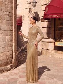 LOVE&LEMONADE Luxurious Women's Stand Collar Long Sleeve Gold Sequin Extra Long Tassel Party Evening Gown Dress - Gold - View 4