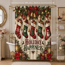 1pc/4pcs Christmas Stocking Pattern Multi-Functional Bathroom Decor Shower Curtain Set Free 12 Hooks Premium Holiday Atmosphere Bathroom Mat U-Shaped Floor Mat And Round Toilet Lid Cover Suitable For All Scenes Decoration Bathroom Set - Christmas Stockings - View 12