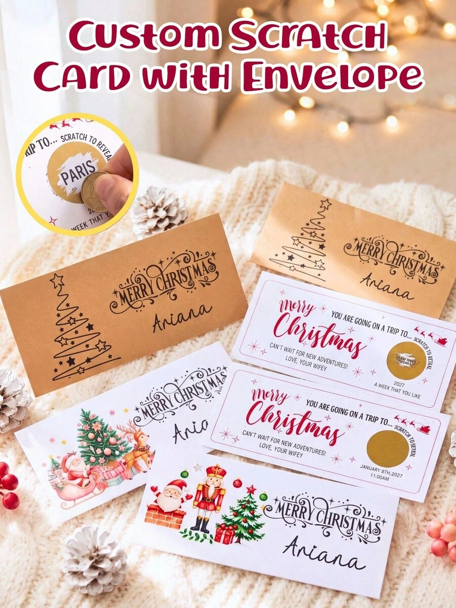 Personalized Christmas Scratch-Off Surprise Card With Envelope, Custom Name & Message Travel Reveal Card, Christmas Greeting Card,Holiday Gift Reveal,Secret Vacation Surprise,Family Couple Friend Gift,Thank You Cards For Business
