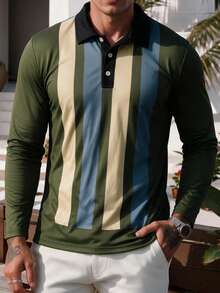 Men Retro Vertical Color Block Striped Long Sleeve Polo Shirt Casual Button Collar Golf Top - Multicolor - View 4