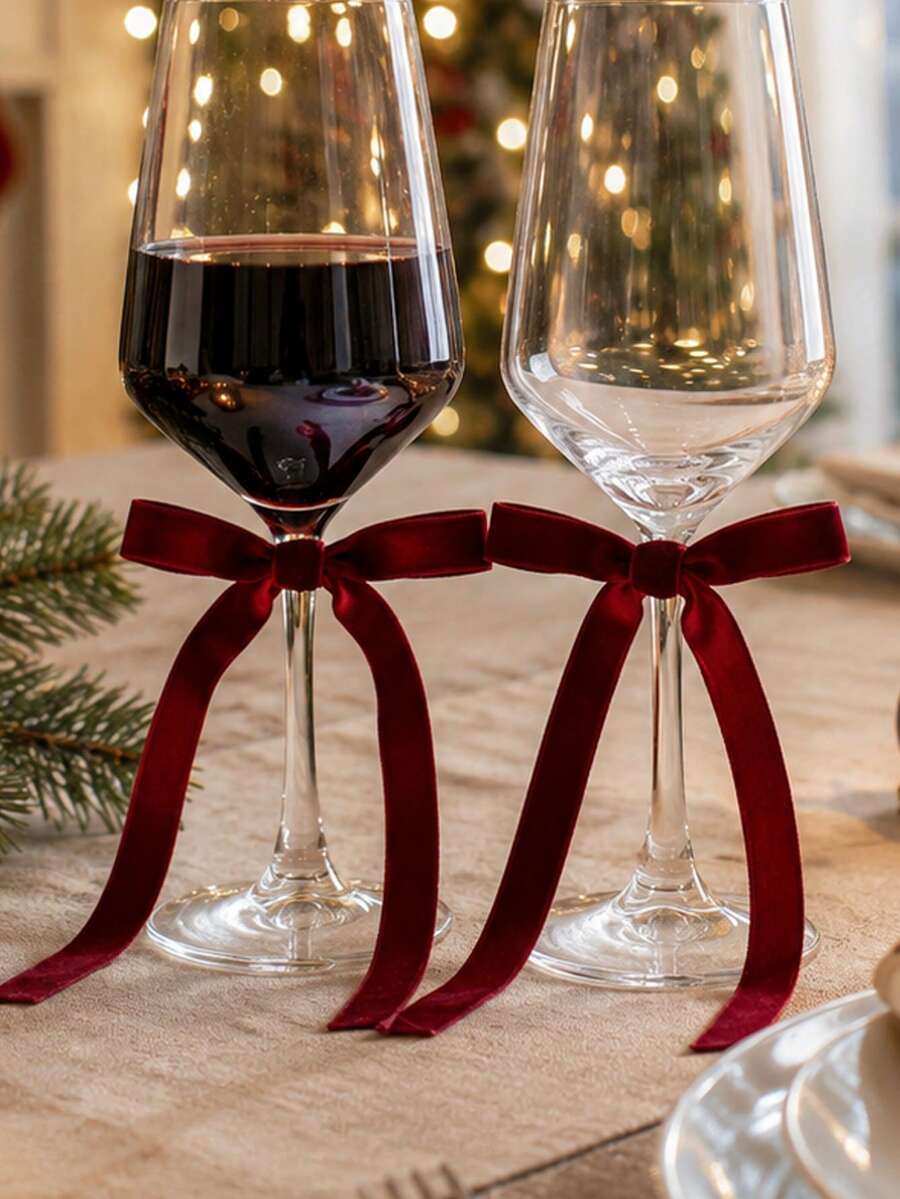 1件/6件/10件裝聖誕紅酒杯蝴蝶結裝飾，聖誕節假日餐桌布置點綴，晚餐派對高腳杯飾品，宴會桌面裝飾，節日用餐細節裝飾，優雅餐桌氛圍提升，精緻餐位擺設配件