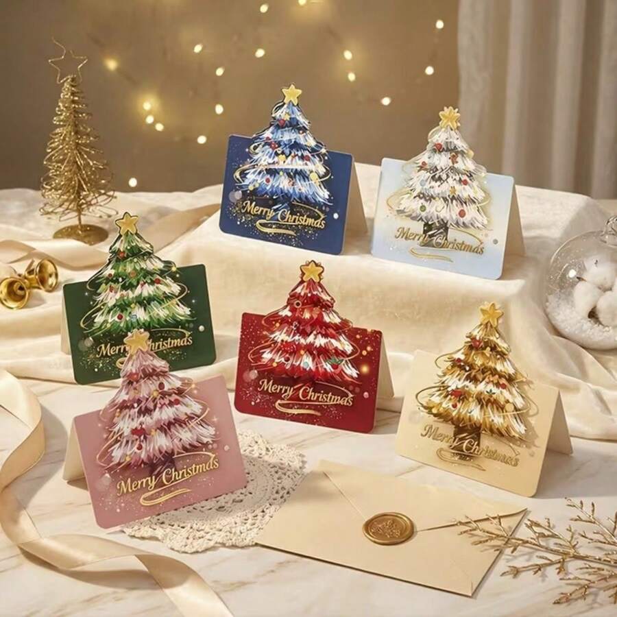 10pcs 3D Christmas Tree Greeting Card Set, New Christmas Blessing Message Card, Holiday Gift, Suitable For Festive Gifting, Atmosphere Decoration, Event Hosting - Greeting Card - View 1