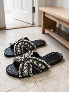 Summer New High-End Pearl Round Toe Slippers For Women With Fringed Tassel Flat Sole Outdoor Vacation Travel One-Strap Slide - Black - View 9