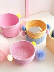1pc Handmade Cotton Rope Woven Storage Baskets, Soft Texture, Macaron Pastel Color, Braided Weave Pattern, All Season, Minimalist Nordic Style, For Adults, Desktop, Bedroom, Home Tabletop Organizer For Cosmetics, Sundries & Toys - Multicolor - View 5