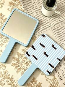 1Pc Striped Puppy Holding A Makeup Mirror. Square High-Definition Mirror With Handle, Portable Vanity Mirror, Suitable For Daily Makeup And Travel. - Multicolor - View 4