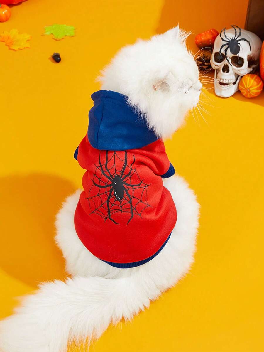 LUCKIE PAW 1pc Halloween Spider & Bat Pattern Pet Sleeveless Hoodie, Anti-Flea, Reduce Shedding, Warm & Breathable, Suitable For Small & Large Dogs And Cats, Indoor & Outdoor - Multicolor - View 1