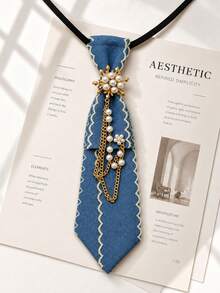 1pc Women's Denim Lace Pearl Accessory Fashion Personalized Office White Collar Neck Tie - Multicolor - View 3