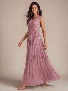 EVERPRETTY Autumn Elegant Luxury Sequin Embroidered Formal Evening Gown Suitable For Wedding Guest, Bride's Mother, Party And Semi-Formal Occasions - Dusty Pink - View 6