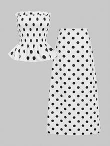 QUNGIGU Women Polka Dot Two Pieces Set Strapless Tube Top And Long Skirt Summer Outfits For Beach Vacation Dating - White - View 5
