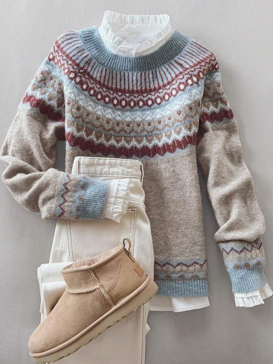 Women's Autumn/Winter Fashionable & Comfortable Geometric Fairisle Pattern Crew Neck Loose Fit Knit Pullover Sweater Fall - Khaki - View 1