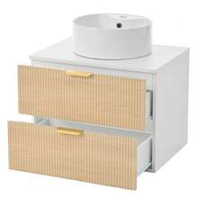 60 cm vägghängt badrumsskåp med runt handfat i keramik, lådfronter i träimitation med diskreta ränder, högkvalitativ MDF-panel, gott om förvaring: 2 lådor + bänkskiva - Naturlig färg - Visa 1