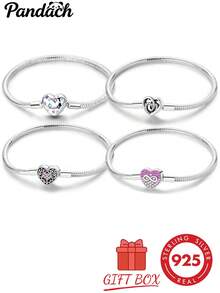 1pc S925 Sterling Silver Snake Chain Basic Bracelet, Multiple Heart Clasp Options, Starry Sky Colorful Zirconia, Hollow Floral Pattern, Infinity Symbol Pink Diamond Design, Can Be Freely Matched With Beads, Comes With Gift Box, Suitable For DIY Jewelry Making, Gentle Girl Daily Gift Accessory - Multicolor - View 1