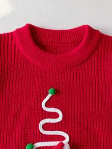 Girls' Cute Christmas Tree & Santa Claus Embroidered Pom Pom Sweater, Round Neck Knit Pullover, Suitable For Christmas, Daily Wear, Vacation, Spring, Autumn, Winter - Red - View 6