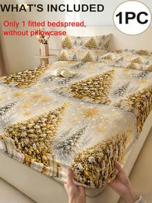 1PC Gold Christmas Tree Print Fitted Sheet (Fitted Sheet Only, No Pillowcase), Soft Bedroom Bedding, Suitable For Bedroom, Guest Room, School Dormitory, Easy To Remove And Machine Washable All Season Mattress Protector, Perfect Christmas Gift For Parents And Friends - Multicolor - View 2
