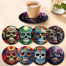Halloween Wooden Round Coasters, Colorful Candy Skull & Floral Pattern Heat-Resistant Pads, Suitable For Home Kitchen Dining Table Party, Winter Holiday, Protect Desktop Decor, Halloween Decoration Gift - Coaster LDX2752 - View 6