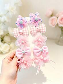 10pcs Sweet Bow & Flower Hair Clips Set, Cute Mesh & Pearl Decorated Hair Accessories For Women's Daily Styling - Multicolor - View 5